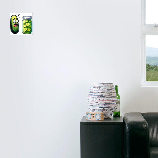 Horrified Cucumber Sees Jar of Sliced Pickles funny design by Luxinda